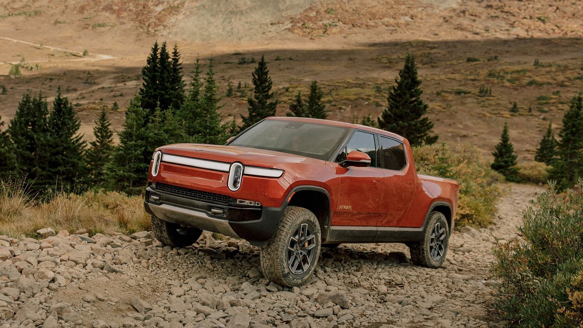 The Rivian R1T off-roading.