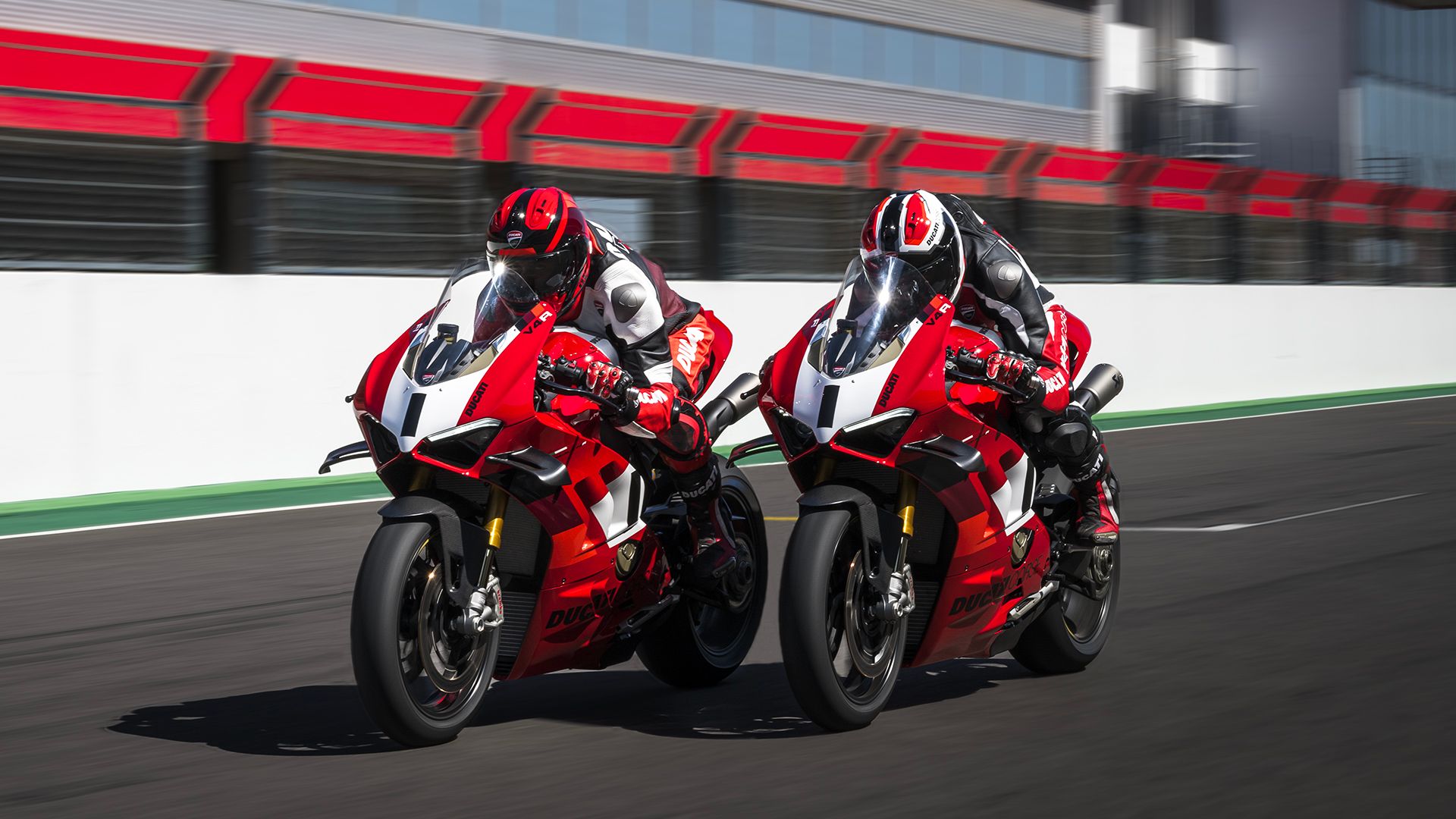 Two Ducati Panigale V4 R side by side on a test track