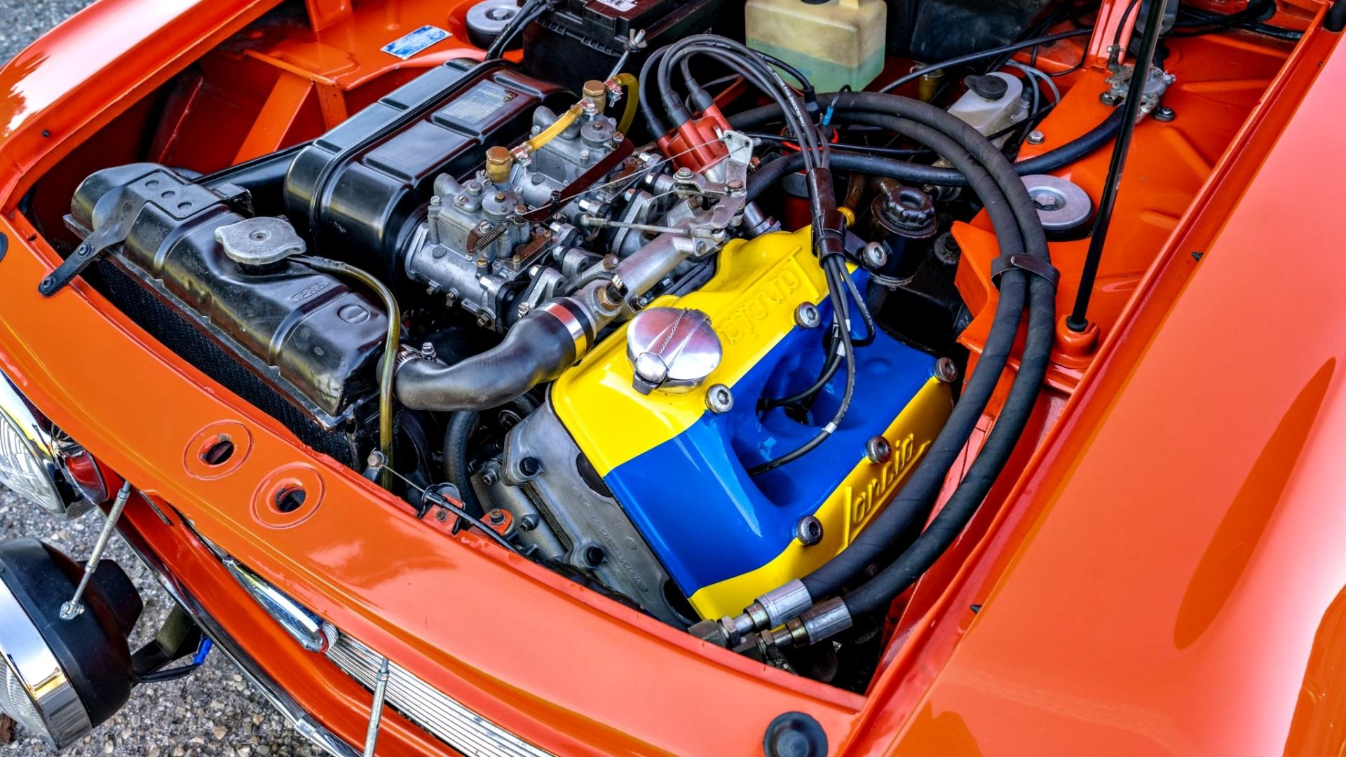 Red 1970 Lancia Fulvia engine
